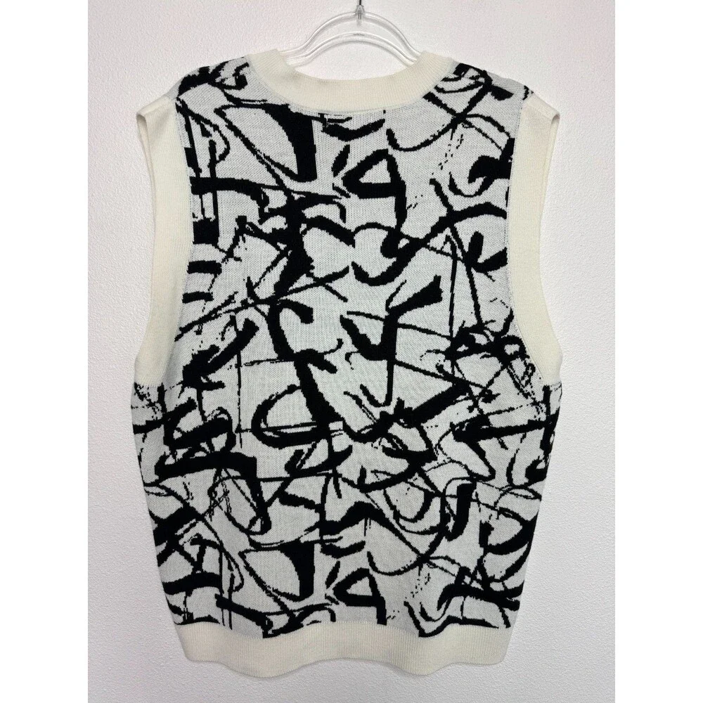 Zara Mens L-XL Abstract Jacquard Knit Sweater Vest White Black V-Neck Graffiti